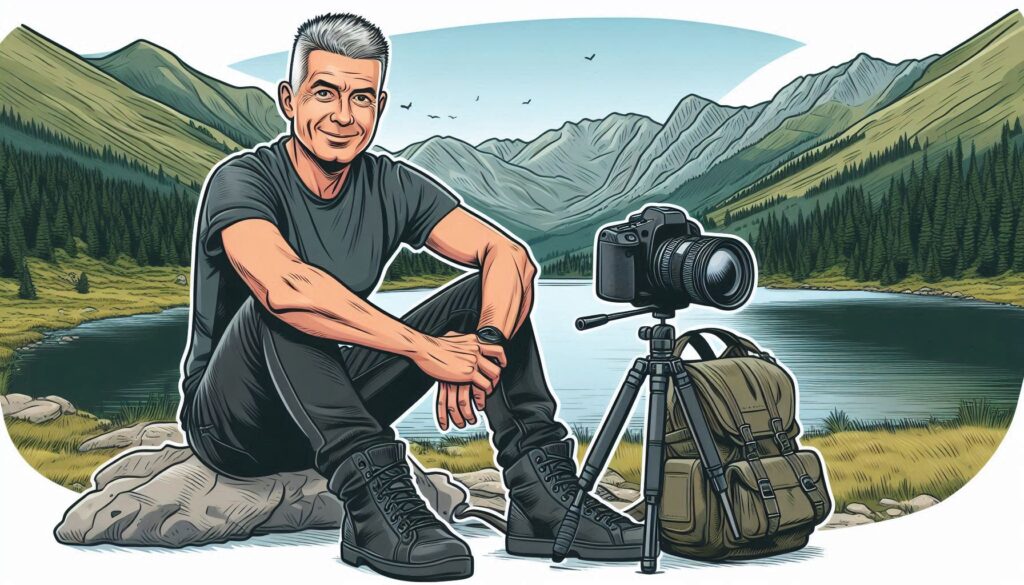 Man Mitte 40 sitz vor Bergsee, neben sich Kamera und Rucksack - KI generiert