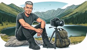 Man Mitte 40 sitz vor Bergsee, neben sich Kamera und Rucksack - KI generiert